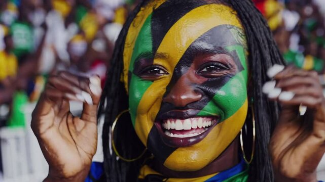 Smiling Tanzanian sports fan with vibrant flag face paint at a stadium event  
