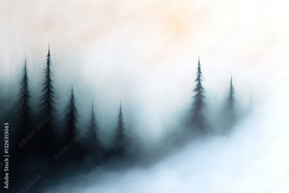 Poster a mystical forest shrouded in fog, featuring towering pine trees that fade into the mist. rich color