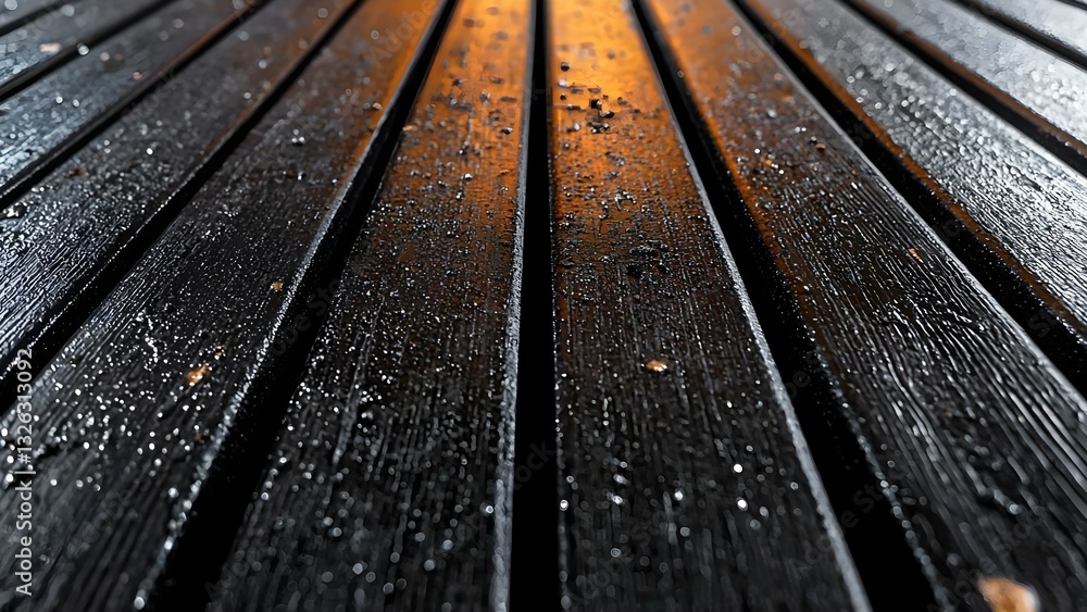 Poster a close-up view of wet, glossy wooden planks with droplets, creating a textured and reflective surfa