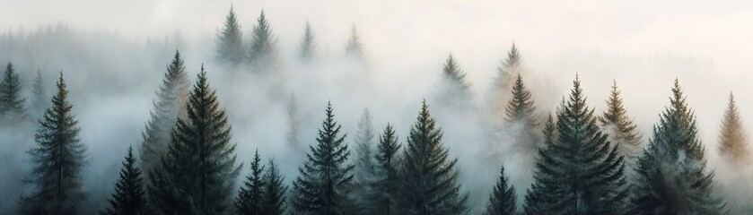 A mystical forest shrouded in fog features towering pine trees that fade into the mist, enhanced by rich colors and textured brushstrokes creating a dreamlike atmosphere