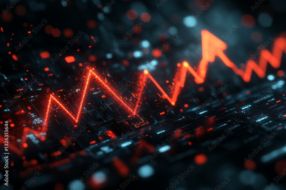 Poster data visualization with a red fluctuating trend line on a digital background showcasing market analy