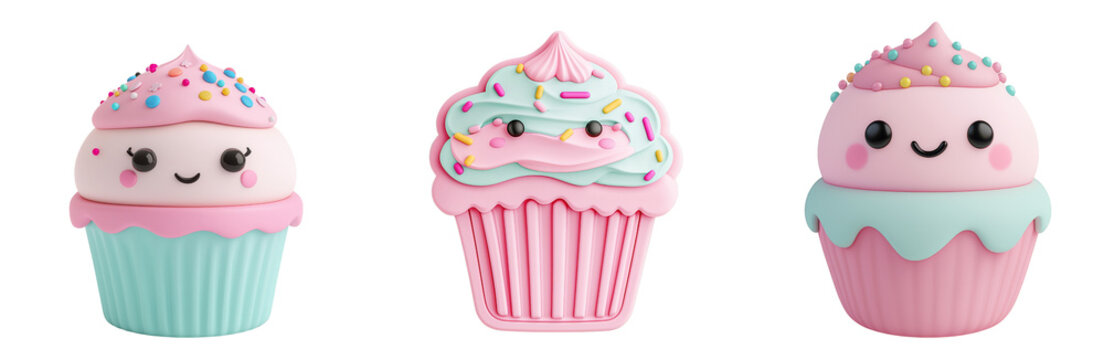 Cute and colorful cupcake characters with smiling faces and sprinkles