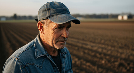 Spring denim cap worn by a farmer in a vast field at dusk.