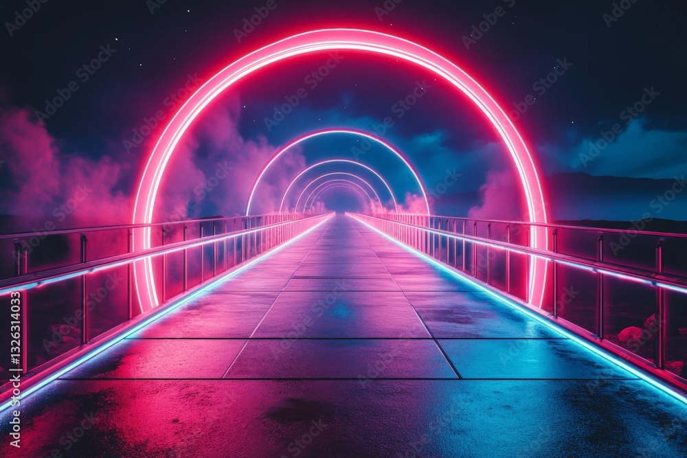 Poster bright neon arches create a futuristic walkway at night with glowing reflections on a sleek surface