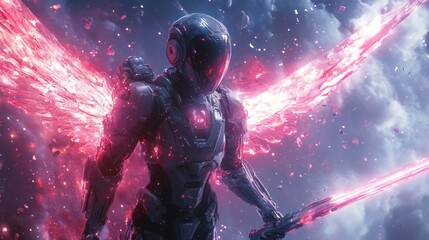 Fototapeta premium A robotic knight with holographic energy wings, wielding a glowing neon sword, leading an army of AI warriors in space