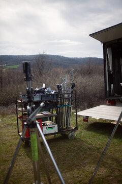 Behind the scenes BTS film crew stands in rack