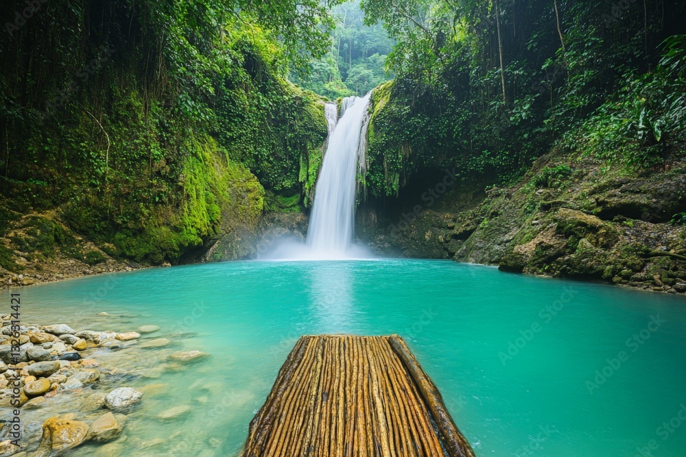 Poster majestic waterfall cascading into turquoise pool surrounded by lush greenery in a serene forest envi
