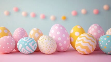 Naklejka premium Colorful 3D cartoon Easter eggs with cute patterns on a pastel background with festive decorations