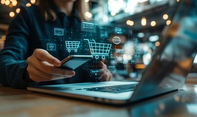 a person holding a smartphone with online shopping concept with shopping carts and icons.
