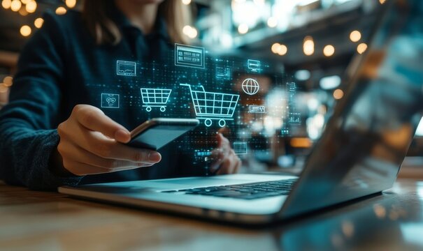 a person holding a smartphone with online shopping concept with shopping carts and icons.