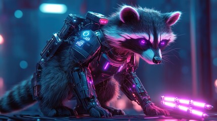 A robotic raccoon with sleek silver plating, glowing neon purple LED stripes on its tail, on a pastel blue background