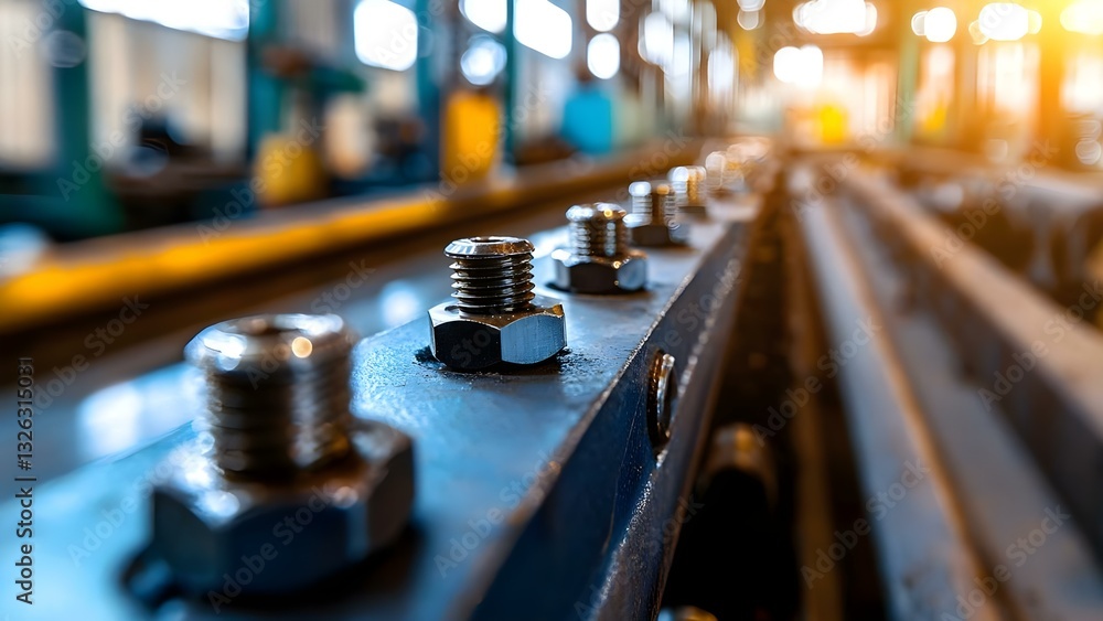 Poster a close-up of metallic bolts and nuts arranged in a factory setting with blurred industrial backgrou