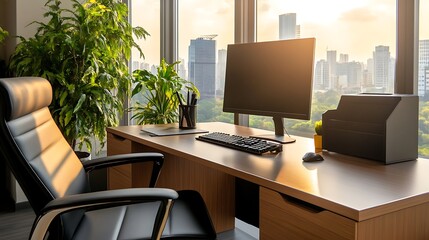 Fototapeta premium Modern Office Desk with City View at Golden Hour AI Generated