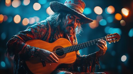 Fototapeta premium A rooster-headed Spanish flamenco guitarist in a stylish outfit, passionately playing under festival lights
