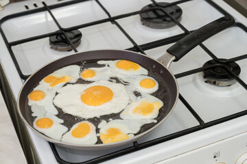 Chicken egg and 9 quail eggs in frying pan.