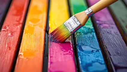 A paintbrush glides over a wooden palette filled with bright rainbow hues, capturing the essence of creativity. This activity occurs in a well-lit art studio