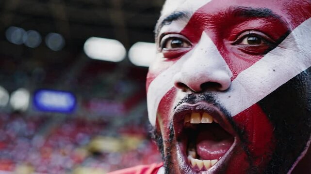 Proud Trinidadian and Tobagonian sports fan with bold flag face paint at a stadium  

