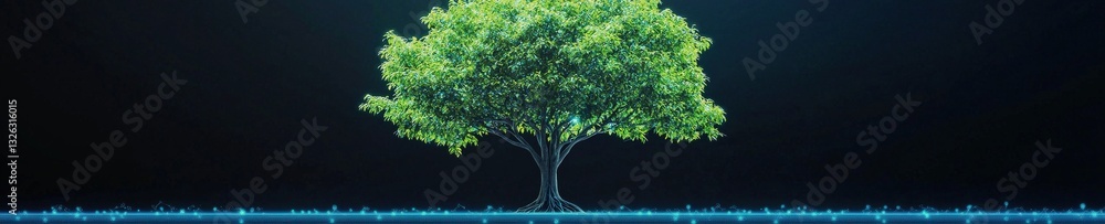 Poster a giant tree surrounded by holographic displays of oxygen output