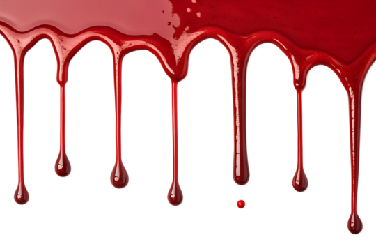A high-quality PNG featuring red paint dripping, isolated on a transparent or white background. The bold, fluid drips create a dramatic and intense artistic effect, perfect for digital artwork, horror