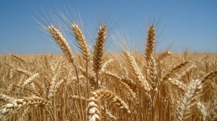 Fototapeta premium Beneath a brilliant blue sky, expansive golden wheat fields stretch out during the bustling harvest season in the countryside
