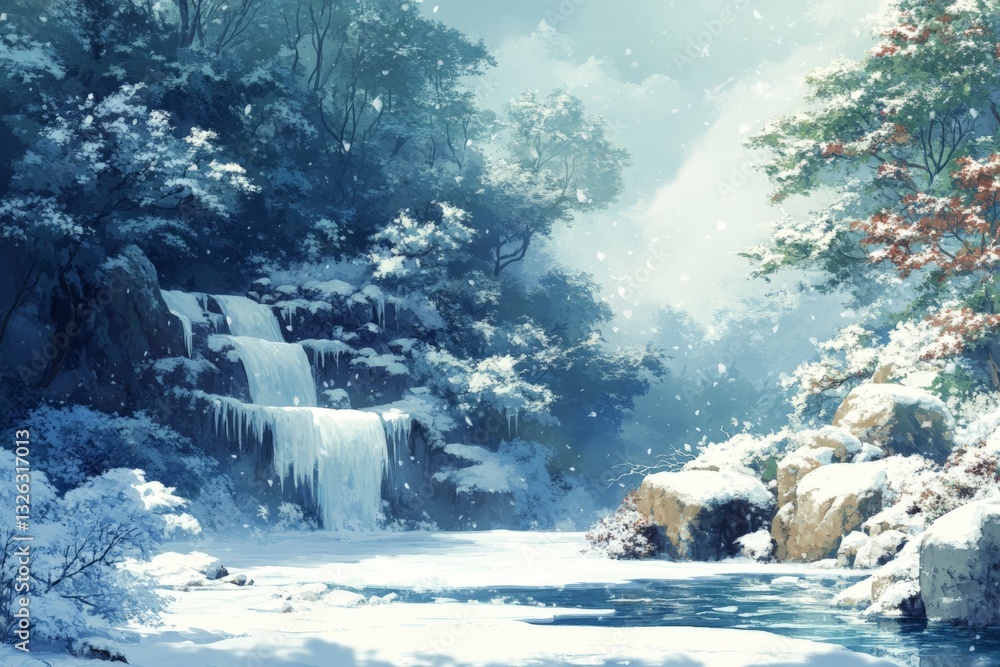 Aufkleber winter landscape featuring a serene waterfall surrounded by snow-covered trees and tranquil waters i
