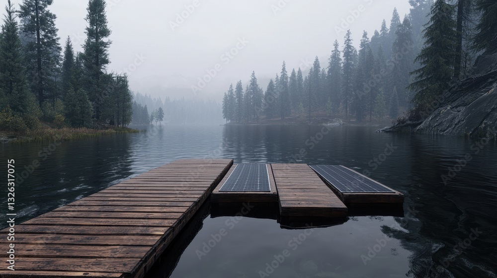 Poster serene lake dock with misty forest reflection in the background