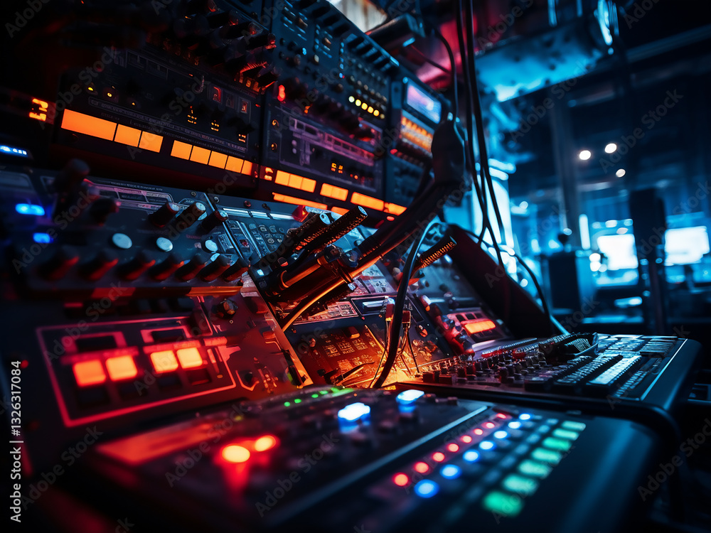Poster broadcast platforms rising with technical arrays pointing and equipment running flashing lights