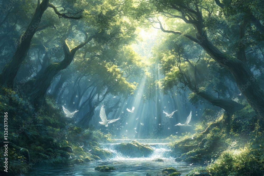 Aufkleber enchanting forest with sunlight beams illuminating a serene stream and white birds in flight