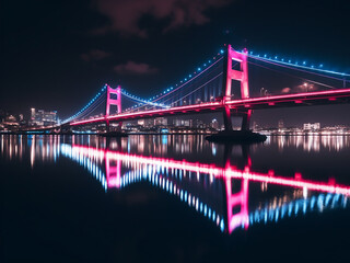 Fototapeta premium Lights on the bridge reflecting on rippling water, neon city mirroring perfectly at night
