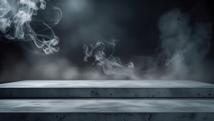 Gray textured concrete platform, podium or table with smoke in the dark. Abstract And Defocused Halloween Backdrop. background for product