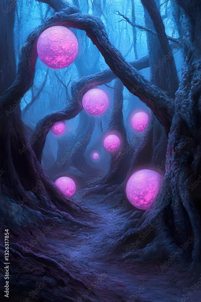 Poster dive into a mesmerizing enchanted forest where soft glowing orbs float gently among ancient twisted 