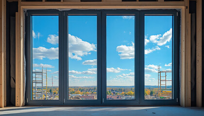 Fototapeta premium Bright blue sky filled with white clouds frames the expansive view outside a large window. A construction site can be seen below, revealing ongoing development in a lively area