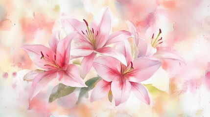 Delicate pink flowers bloom against an abstract spring watercolor background filled with soft colors