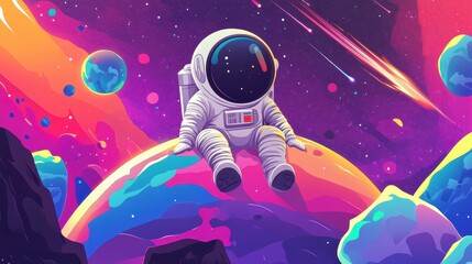 An Astronaut Relaxing On A Colorful Alien Planet In Space