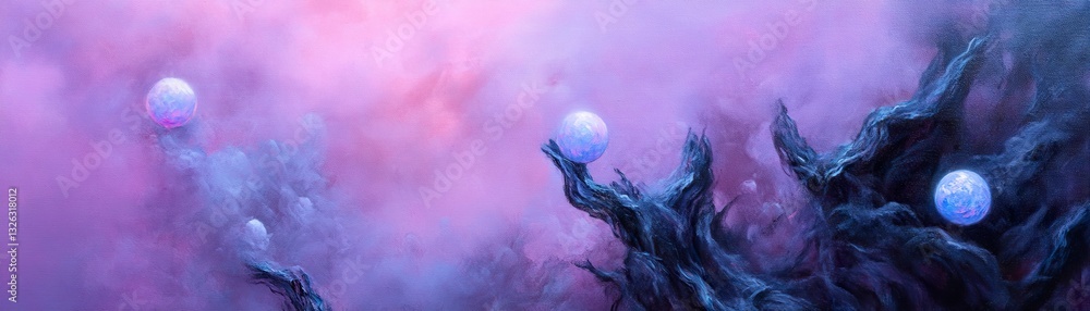 Poster vivid colors flow through a surreal enchanted forest, where glowing orbs float gently between ancien