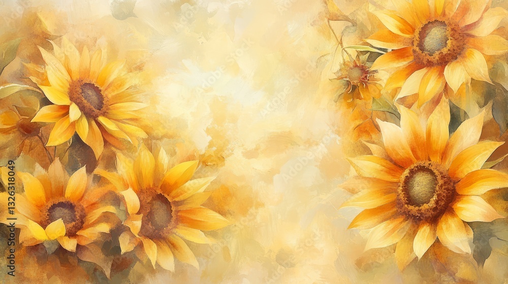 Poster bright sunflowers in watercolor style create a cheerful spring backdrop with soft colors and abstrac