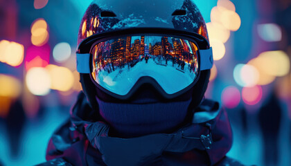 The close-up reveals a winter helmet paired with sleek goggles that reflect colorful city lights against a backdrop of snowy streets. The scene captures the essence of urban winter activities