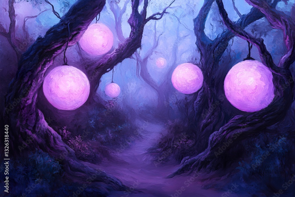 Poster this artwork features a mystical forest where soft glowing orbs illuminate a path between ancient tw