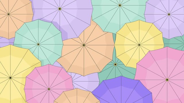 Colorful umbrellas overlapping in pastel shades 2D cartoon animation. Rain weather accessories. Top-down perspective of parasols animated flat backdrop 4K video background scene storytelling