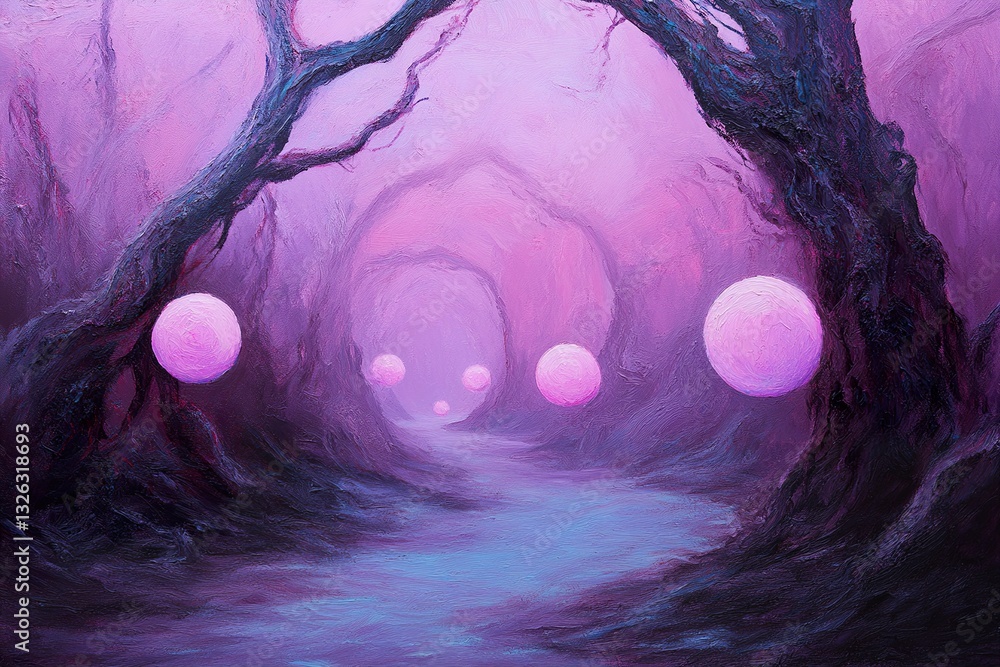 Poster an enchanted forest features twisted ancient trees adorned with soft glowing orbs of light. the artw