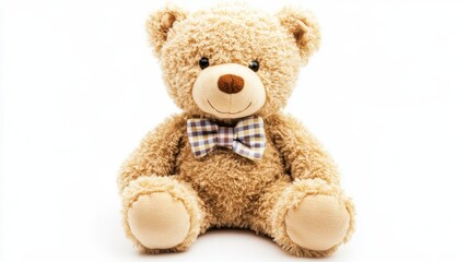 Obraz premium A teddy bear wearing a bow tie is sitting on a white background