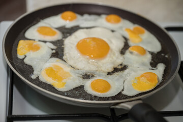 Chicken egg and 9 quail eggs in frying pan.