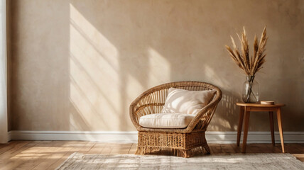 Blank beige wall mockup in boho room interior