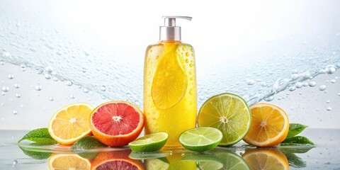A colorful shower gel bottle with a refreshing citrus scent and a unique shape, surrounded by water droplets on a white background , colorful packaging, citrus scented