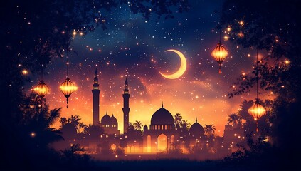 Fototapeta premium Mosque silhouette with moon and lanterns under night sky for a holiday card