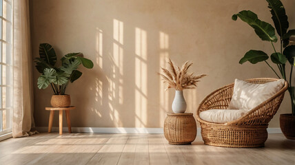 Blank beige wall mockup in boho room interior