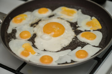 Chicken egg and 9 quail eggs in frying pan.