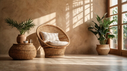 Blank beige wall mockup in boho room interior
