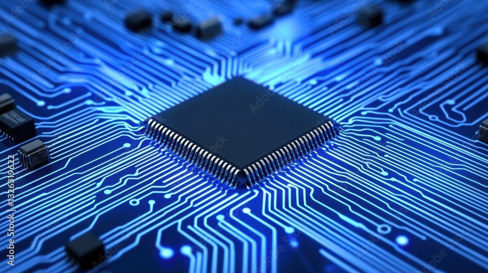 Poster close-up view of microchip on blue circuit board in digital technology
