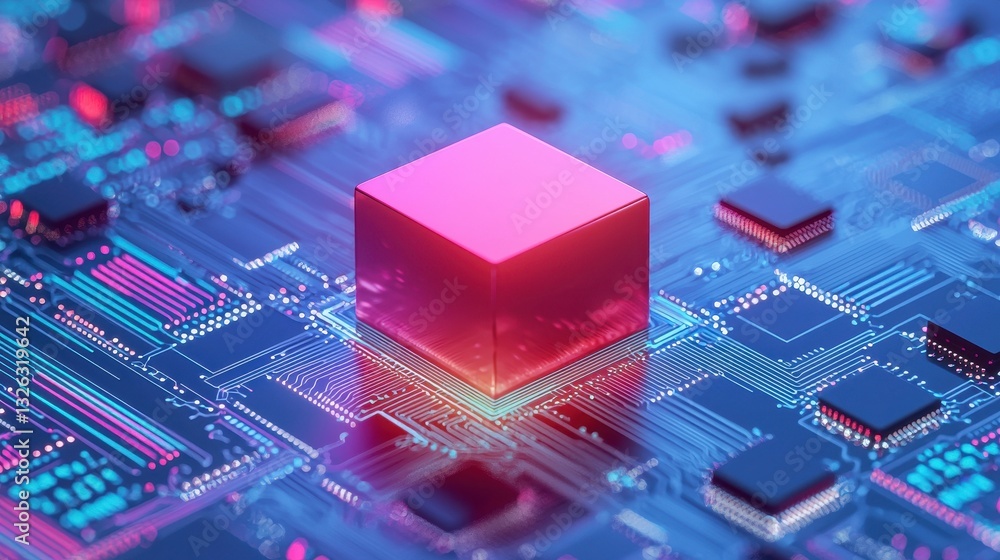 Poster abstract technology background with vibrant 3d cube and circuitry